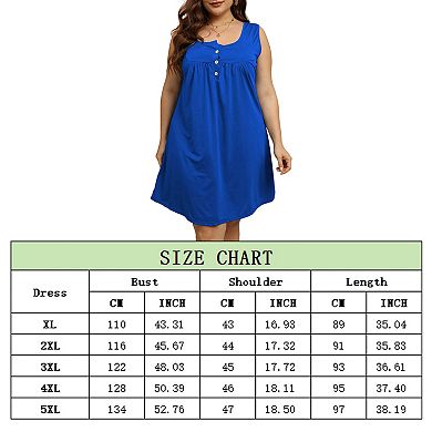 Plus Size Square Neck Sundress with Front Buttons & Wide Straps Sleeveless Summer Tank Dress