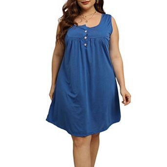 Plus Size Square Neck Sundress with Front Buttons & Wide Straps Sleeveless Summer Tank Dress