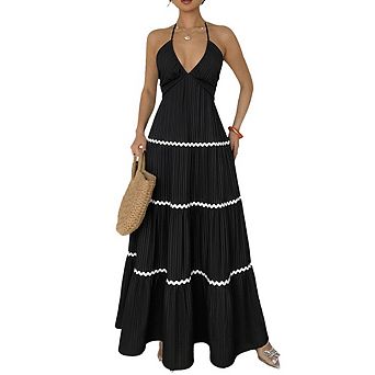 Women's Tie Back Halter Long Dresses Striped A Line Color Block Flowy Maxi Dress
