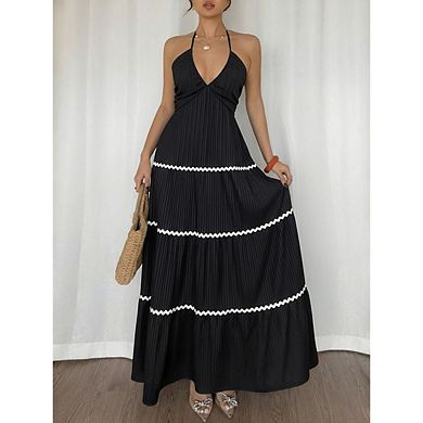 Women's Tie Back Halter Long Dresses Striped A Line Color Block Flowy Maxi Dress
