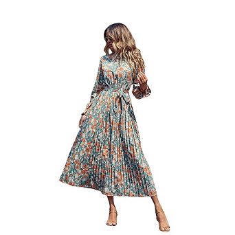 Women's High Neck Long Sleeve Dresses Printing Elegant Pleated Tie Long Dress