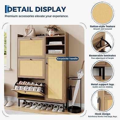 Freestanding Shoe Cabinet with Flip Drawers and Rattan Wood Design