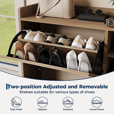 Freestanding Shoe Cabinet with Flip Drawers and Rattan Wood Design