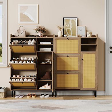 Freestanding Shoe Cabinet with Flip Drawers and Rattan Wood Design