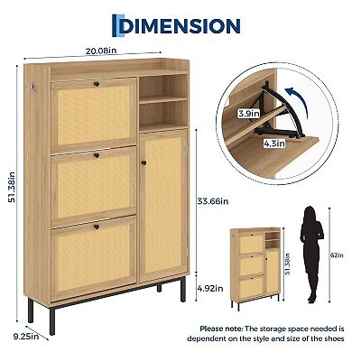 Freestanding Shoe Cabinet with Flip Drawers and Rattan Wood Design