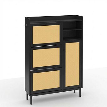 Freestanding Shoe Cabinet with Flip Drawers and Rattan Wood Design