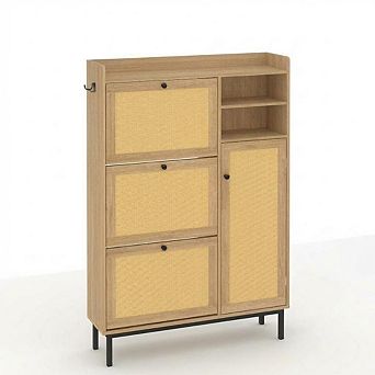 Freestanding Shoe Cabinet with Flip Drawers and Rattan Wood Design
