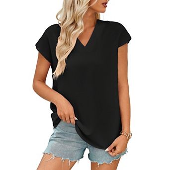Women's Dolman Short Sleeve Summer Boho Shirt Casual V Neck Satin Blouse Loose Fit Soft Top