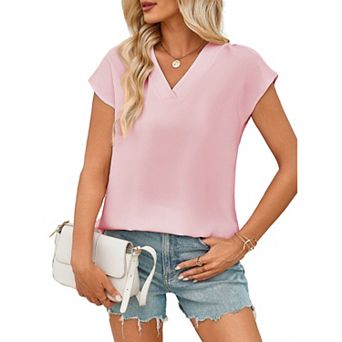 Women's Dolman Short Sleeve Summer Boho Shirt Casual V Neck Satin Blouse Loose Fit Soft Top