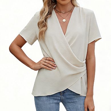 Women's V Neck Wrap Front Short Sleeve Blouse Casual Tunic Top for Casual Wear