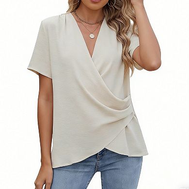 Women's V Neck Wrap Front Short Sleeve Blouse Casual Tunic Top for Casual Wear