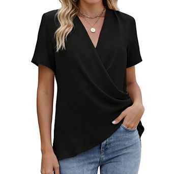 Women's V Neck Wrap Front Short Sleeve Blouse Casual Tunic Top for Casual Wear