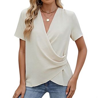 Women's V Neck Wrap Front Short Sleeve Blouse Casual Tunic Top for Casual Wear