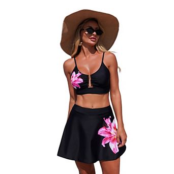 Women's High Waist Skirted Tankini Set Floral Print Adjustable Strap Bathing Suit