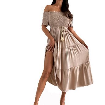 Women's Off-Shoulder Short Sleeve Smocked Tiered Maxi Dress Boho Flowy Dress