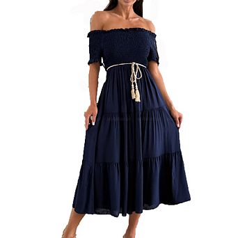 Women's Off-Shoulder Short Sleeve Smocked Tiered Maxi Dress Boho Flowy Dress