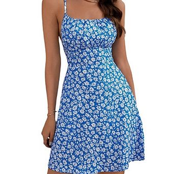 Women's Spaghetti Strap Floral Print Ruched Waist Mini Dress Flared Skater Dress