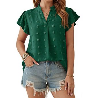 Women's Swiss Dot V Neck Blouse Summer Ruffle Sleeve Flowy Tunic Top Casual Shirt for Work Office