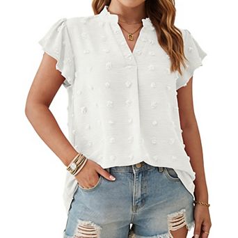 Women's Swiss Dot V Neck Blouse Summer Ruffle Sleeve Flowy Tunic Top Casual Shirt for Work Office