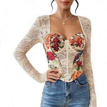 Women's Long Sleeve Floral Lace Fitted Top, Square Neck Corset Style Blouse