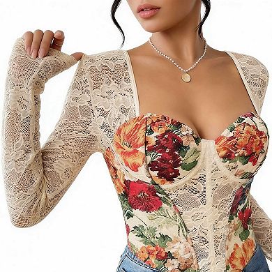 Women's Long Sleeve Floral Lace Fitted Top, Square Neck Corset Style Blouse