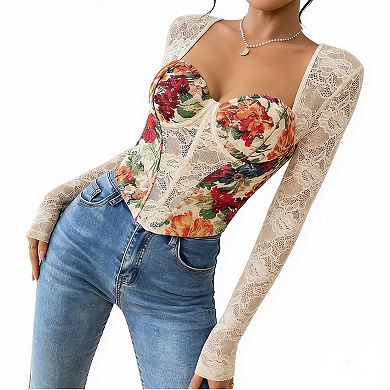 Women's Long Sleeve Floral Lace Fitted Top, Square Neck Corset Style Blouse