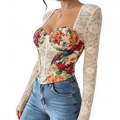 Women's Long Sleeve Floral Lace Fitted Top, Square Neck Corset Style Blouse