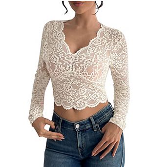 Women's Lace Long Sleeve Crop Top Summer Slim Fit V Neck Sheer Top Floral Casual Soft Blouse
