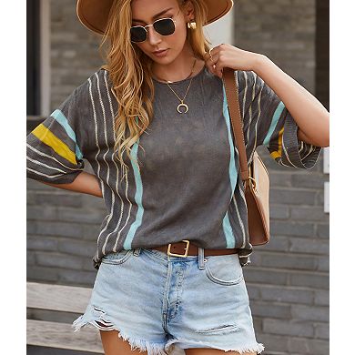 Women's Color Block Stripe Knit Top - Flared Dolman Sleeve Casual Sweater