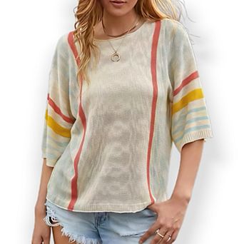 Women's Color Block Stripe Knit Top - Flared Dolman Sleeve Casual Sweater