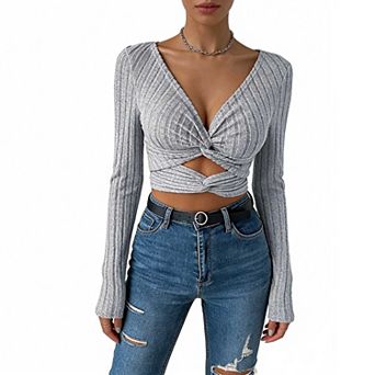 Women's Long Sleeve Ribbed Crop Top, V Neck Twist Front Cutout Blouse