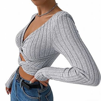 Women's Long Sleeve Ribbed Crop Top, V Neck Twist Front Cutout Blouse