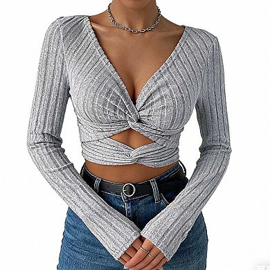 Women's Long Sleeve Ribbed Crop Top, V Neck Twist Front Cutout Blouse