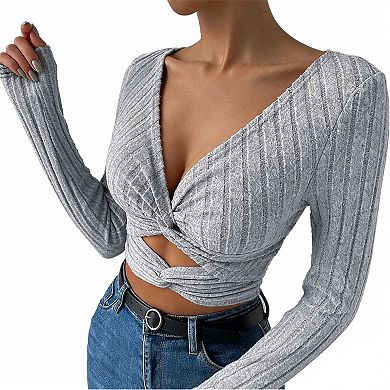 Women's Long Sleeve Ribbed Crop Top, V Neck Twist Front Cutout Blouse