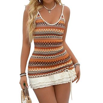 Women's Bodycon Sundress Casual Summer Beach Boho Backless Ruffle Hem Dress with Drawstring