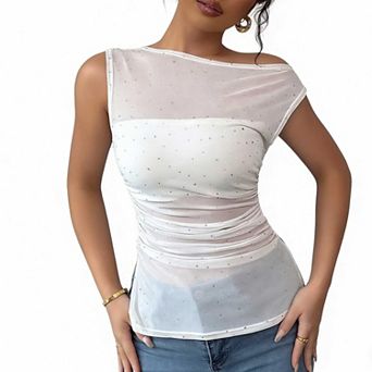 Women's Sleeveless Ruched Sparkle Top, Asymmetric Neck Fitted Mesh Blouse