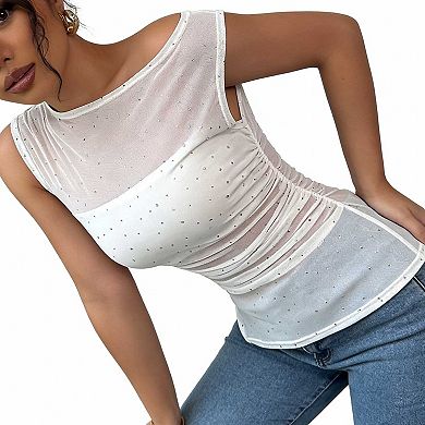 Women's Sleeveless Ruched Sparkle Top, Asymmetric Neck Fitted Mesh Blouse