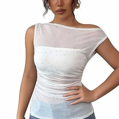 Women's Sleeveless Ruched Sparkle Top, Asymmetric Neck Fitted Mesh Blouse