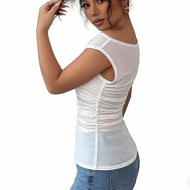 Women's Sleeveless Ruched Sparkle Top, Asymmetric Neck Fitted Mesh Blouse