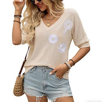 Women Waffle Knit 3/4 Long Sleeve Floral Embroidered Boho Shirt Summer V Neck Casual Top Fall Blouse