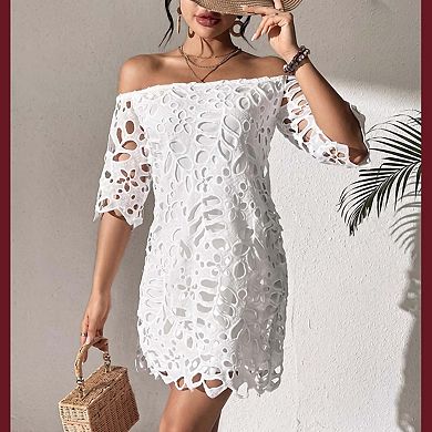 Seoria Off The Shoulder 3/4 Sleeve Lace Mini Shift Dress
