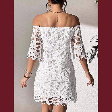 Seoria Off The Shoulder 3/4 Sleeve Lace Mini Shift Dress