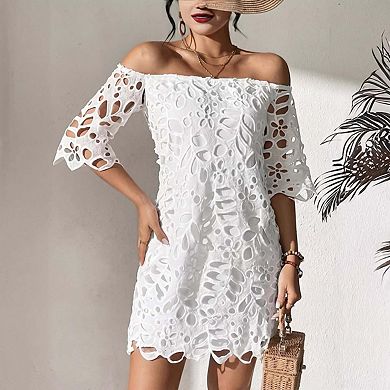 Seoria Off The Shoulder 3/4 Sleeve Lace Mini Shift Dress
