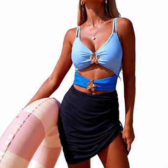 Women's Cutout One Piece Swimwear Mesh Drawstring Skirted Swimsuit with Flower Detail