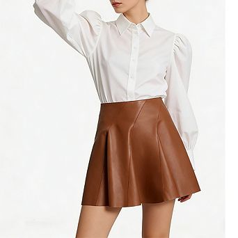Women High Waist Faux Leather Flared Skirt Diagonal Seam A-Line Mini Skirt