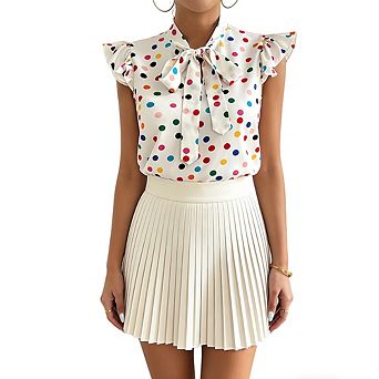 Women Sleeveless Ruffle Sleeve Polka Dot Blouse Bow Tie Neck Casual Top