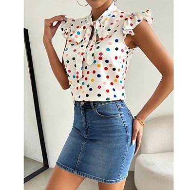 Women Sleeveless Ruffle Sleeve Polka Dot Blouse Bow Tie Neck Casual Top