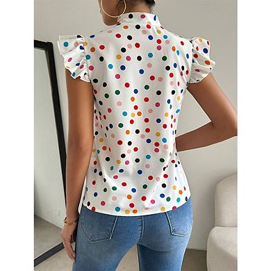 Women Sleeveless Ruffle Sleeve Polka Dot Blouse Bow Tie Neck Casual Top