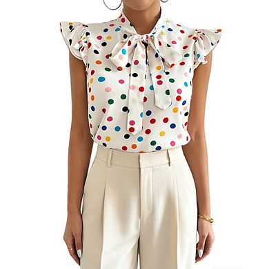 Women Sleeveless Ruffle Sleeve Polka Dot Blouse Bow Tie Neck Casual Top