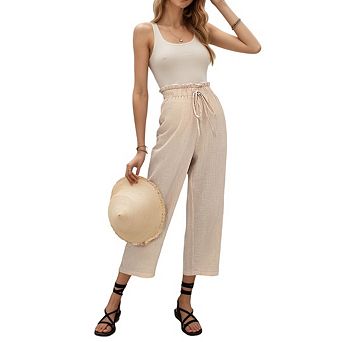 Women's Casual Wide Leg Loose Ruffle High Waist Drawstring Palazzo Flowy Trousers